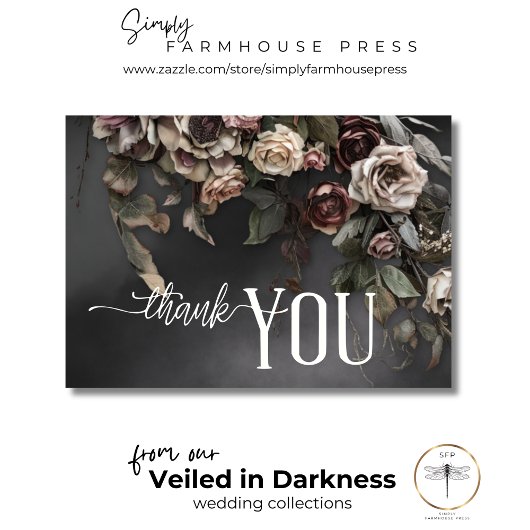 Zwart Moody Gotische Bloemen & Mist Bruiloft Bedankkaart