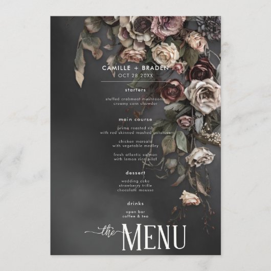 Zwart Moody Gotische Bloemen & Mist Bruiloft Menu (Voorkant)