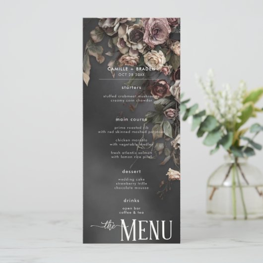 Zwart Moody Gotische Bloemen & Mist Bruiloft Menu (Staand voorkant)