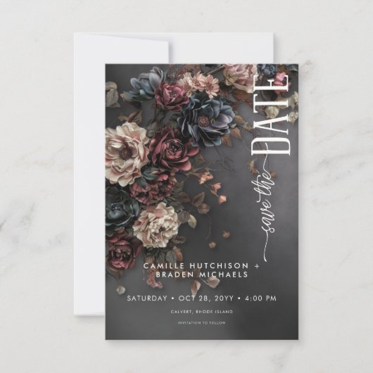 Zwart Moody Gotische Bloemen & Mist Bruiloft Save The Date (Voorkant)