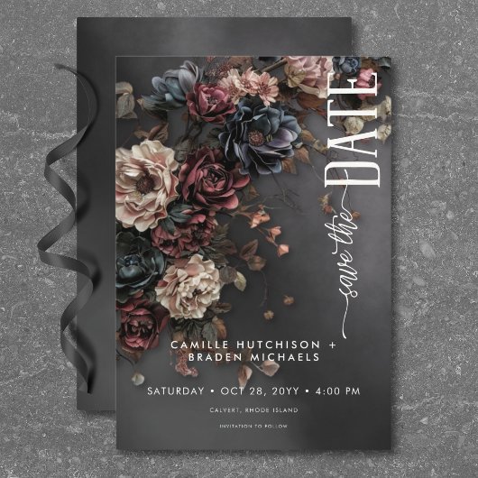 Zwart Moody Gotische Bloemen & Mist Bruiloft Save The Date