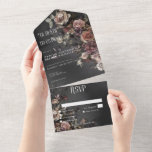 Zwart Moody Gotische Bloemen & Mist Diner Custom All In One Uitnodiging<br><div class="desc">VERKRIJGBAAR MET EEN QR-CODE, OF MET OF ZONDER DINEROPTIES. Onthul de elegantie van uw gotische romance met onze prachtige huwelijksuitnodigingen. Versierd met plechtige sprays van vervaagde bloemen tegen een zachte zwarte achtergrond, elke uitnodiging is omhuld in een delicate sluier van mist, het instellen van de perfecte toon voor uw tijdloze...</div>