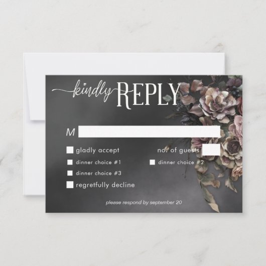 Zwart Moody Gotische Bloemen & Mist Diner RSVP Kaartje (Voorkant)