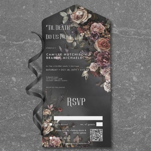 Zwart Moody Gotische Bloemen & Mist QR Code All In One Uitnodiging