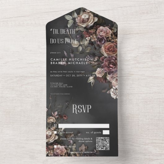Zwart Moody Gotische Bloemen & Mist QR Code All In One Uitnodiging (Binnen)