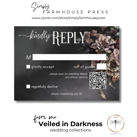 Zwart Moody Gotische Bloemen & Mist QR Code RSVP Kaartje