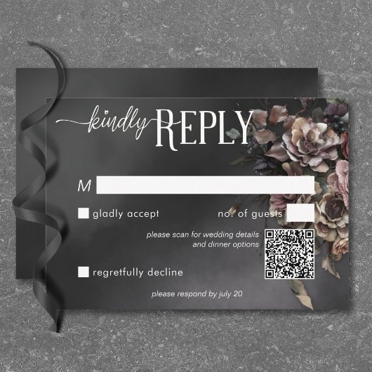 Zwart Moody Gotische Bloemen & Mist QR Code RSVP Kaartje