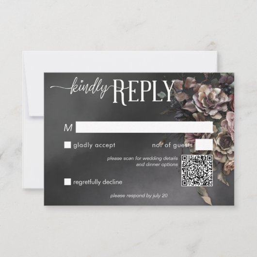 Zwart Moody Gotische Bloemen & Mist QR Code RSVP Kaartje (Voorkant)