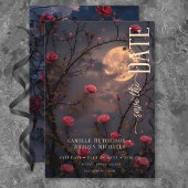 Zwart Moody Gotische Maan & Rode Rozen Bruiloft Save The Date