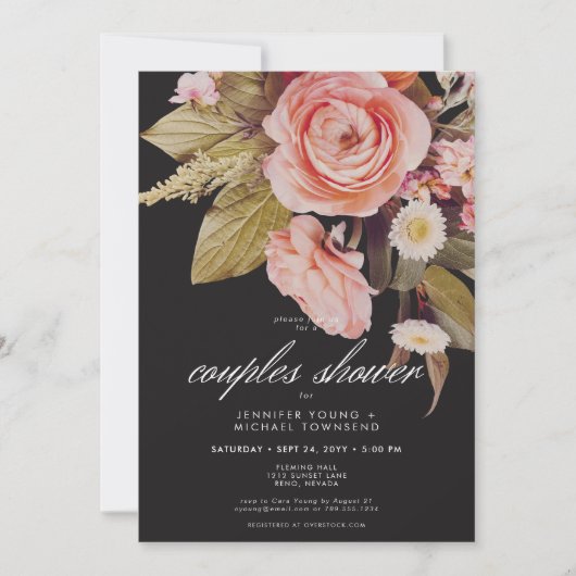 Zwart Moody Roze Blush Blooms Couples Douche Kaart (Voorkant)