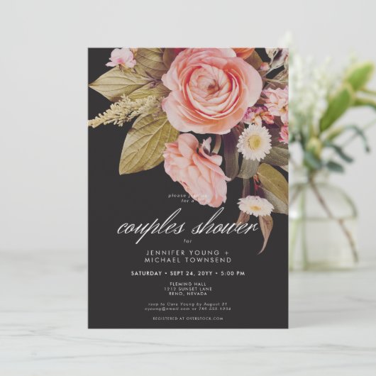 Zwart Moody Roze Blush Blooms Couples Douche Kaart (Staand voorkant)