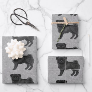 Zwart Mops-hondenras ontwerp patroon op grijs Inpakpapier Vel