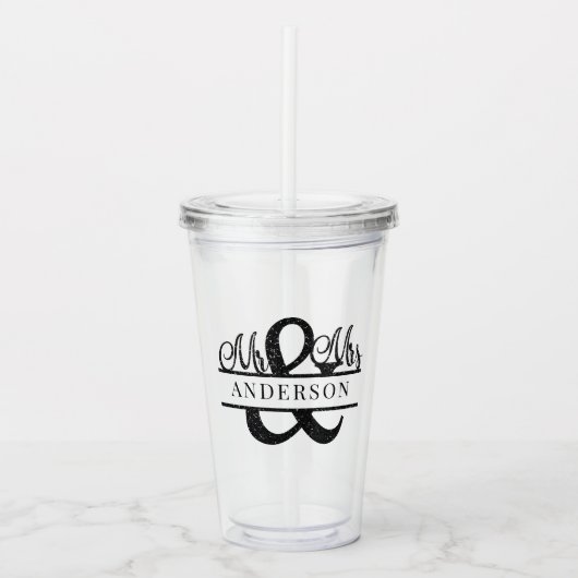 Zwart Mr & Mrs Monogram Bruiloft Partij Gepersonal Acryl Drinkbeker (Voorkant)
