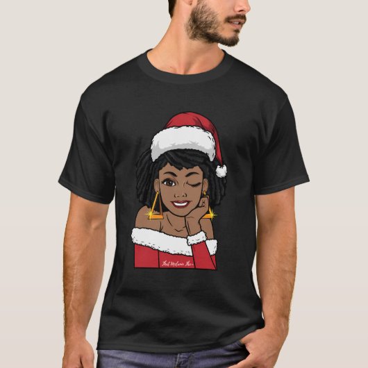 Zwart Mrs Claus W Afro Winking Afrikaans Amerikaan T-shirt (Voorkant)
