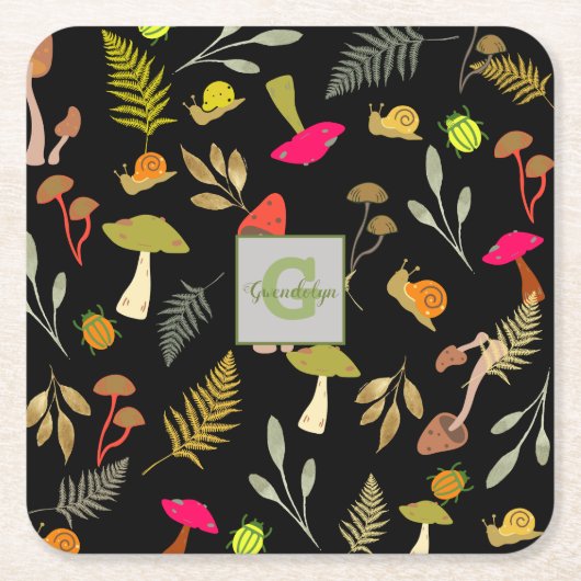Zwart Mushroom Botanisch Papier Onderzetter (Voorkant)
