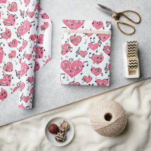Zwart muzikaal en rood harten Verpakkingspapier Cadeaupapier