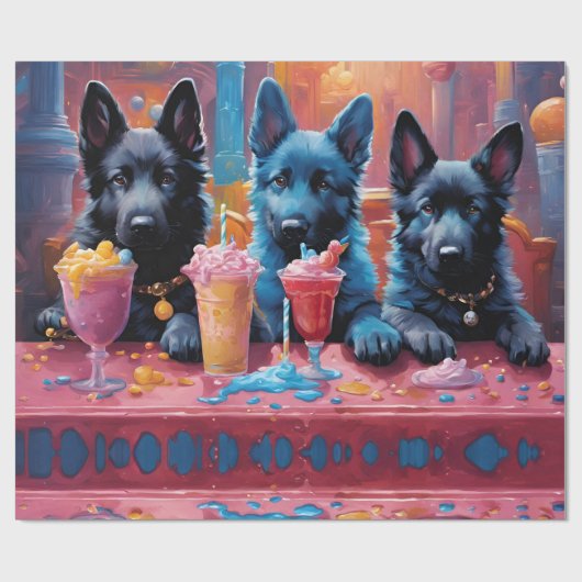 Zwart N Blauw Duits Herder Puppies N Milkshakes Cadeaupapier (Vlak)