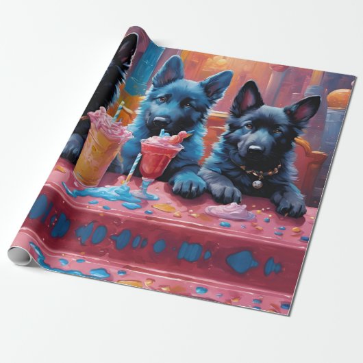 Zwart N Blauw Duits Herder Puppies N Milkshakes Cadeaupapier (Uitgerold)