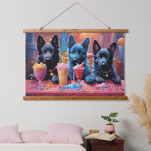 Zwart N Blauw Duits Herder Puppies N Milkshakes Hangend Wandkleed (Slaapkamer)
