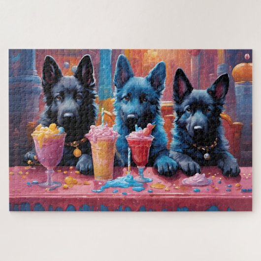 Zwart N Blauw Duits Herder Puppies N Milkshakes Legpuzzel (Horizontaal)