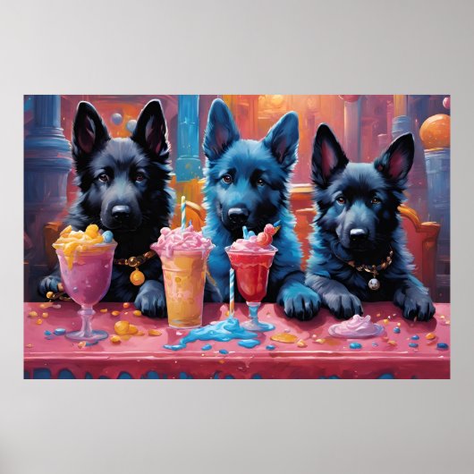 Zwart N Blauw Duits Herder Puppies N Milkshakes Poster (Voorkant)