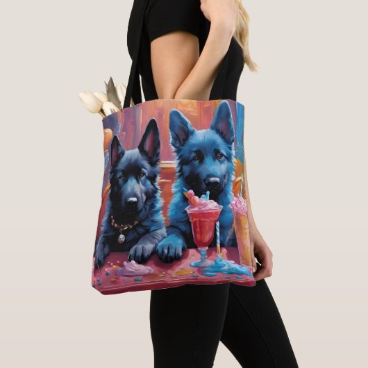 Zwart N Blauw Duits Herder Puppies N Milkshakes Tote Bag (Dichtbij)