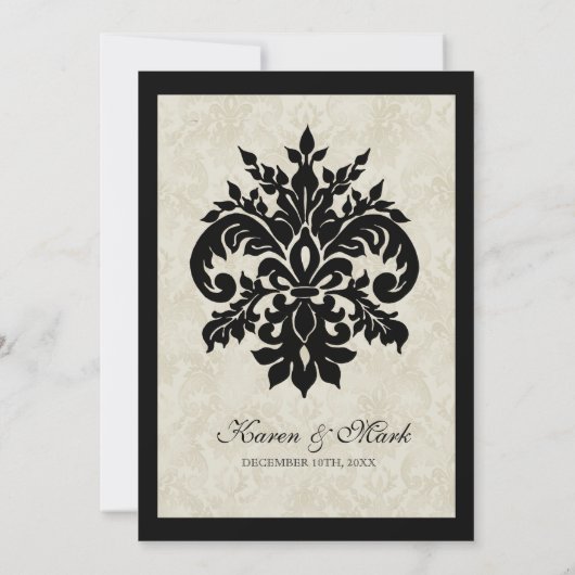 Zwart n Cream Fleur de Lis Damask Bruiloft Kaart (Achterkant)