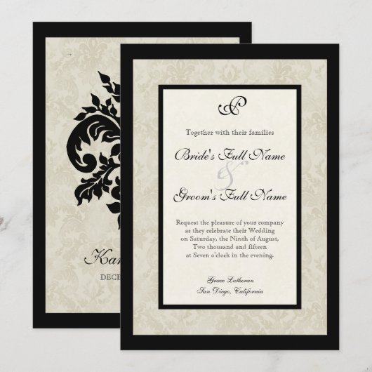 Zwart n Cream Fleur de Lis Damask Bruiloft Kaart (Voorkant / Achterkant)