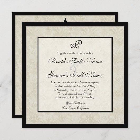 Zwart n Cream Fleur de Lis Damask Bruiloft Kaart (Voorkant / Achterkant)