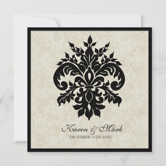Zwart n Cream Fleur de Lis Damask Bruiloft Kaart (Achterkant)