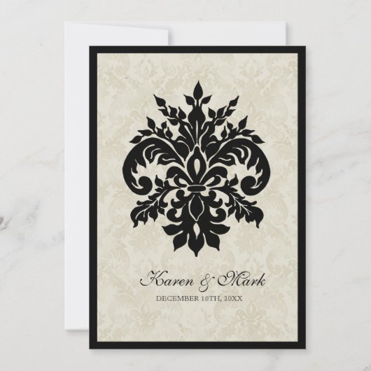 Zwart n Cream Fleur de Lis Damask Bruiloft Kaart (Achterkant)