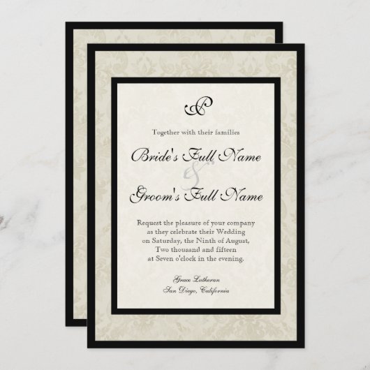 Zwart n Cream Fleur de Lis Damask Bruiloft Kaart (Voorkant / Achterkant)
