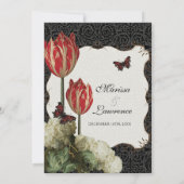 Zwart N Cream Rood Tulp Damask Bruiloft Kaart (Achterkant)