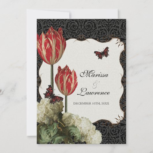 Zwart N Cream Rood Tulp Damask Bruiloft Kaart (Achterkant)