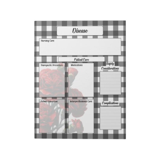 Zwart n Wit Bloemen Gingham_ Ziekte Temp 2 Notitieblok (Linkerzijde)