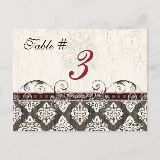 Zwart 'n Wit Damask rood Tafel Kaart Nummer (Achterkant)