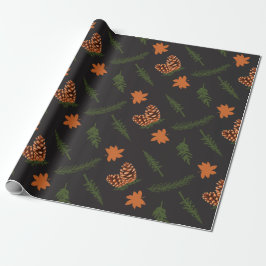 Zwart Naadloos Inpakpapier: Pine en Maple Leaf Cadeaupapier