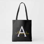 Zwart Naam Goud Meisjesachtig Schrift Monogram Mod Tote Bag (Voorkant)