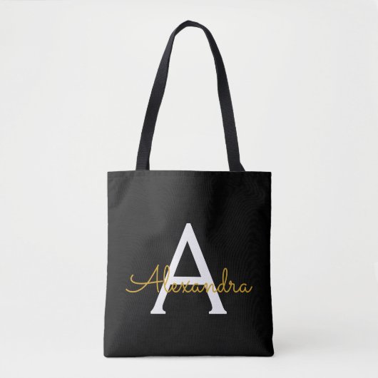 Zwart Naam Goud Meisjesachtig Schrift Monogram Mod Tote Bag (Voorkant)