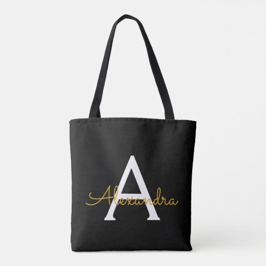 Zwart Naam Goud Meisjesachtig Schrift Monogram Mod Tote Bag (Achterkant)