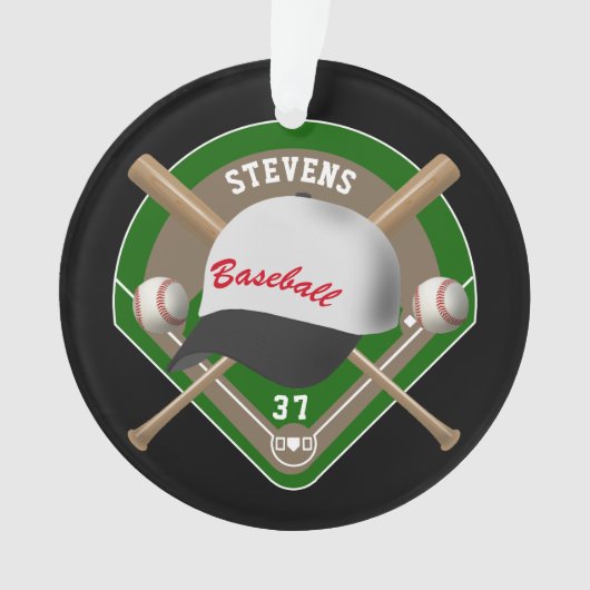 Zwart | Naam witte honkbal Diamond Player Ornament (voorkant)