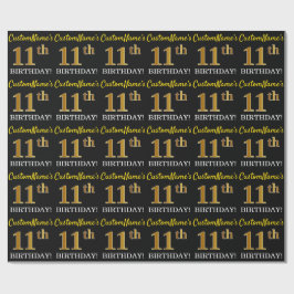 Zwart, namaak goud "11e VERJAARDAG" Cadeaupapier