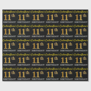 Zwart, namaak goud "11e VERJAARDAG" Cadeaupapier