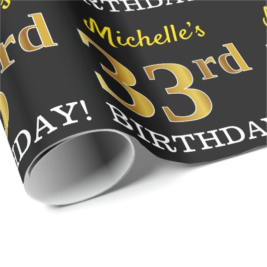 Zwart, namaak goud "33rd BIRTHDAY" Cadeaupapier (Rol Hoek)