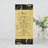 Zwart & namaak gouden bloemenswirl chic trouwmenu menu (Staand voorkant)