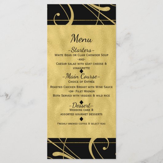 Zwart & namaak gouden bloemenswirl chic trouwmenu menu (Voorkant)