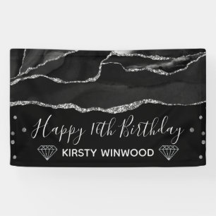 Zwart & namaak zilver glinsterend agaat Sweet 16 Spandoek