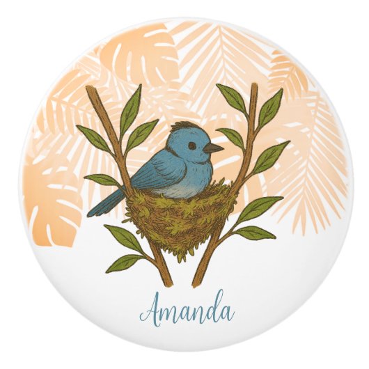 Zwart-Naped Monarch genesteld tussen de bladeren Keramische Knop (Voorkant)