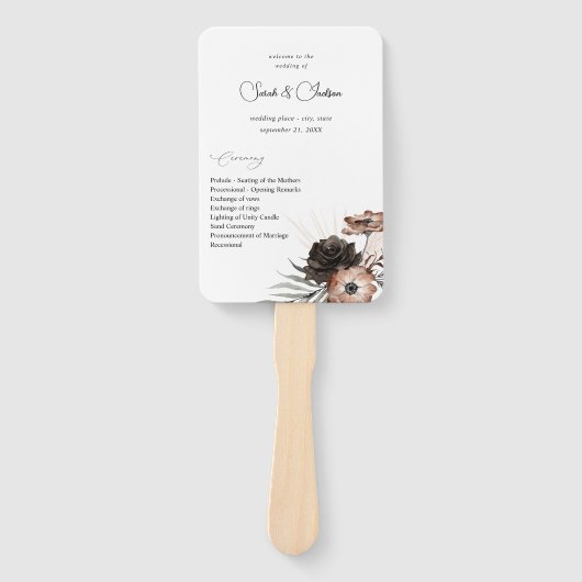 Zwart & Natuurlijk Bloem Boho Huwelijksprogramma 2 Handwaaier (Voorkant)