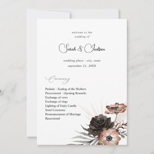 Zwart & Natuurlijk Bloem Boho Huwelijksprogramma 2 Kaart (Voorkant)